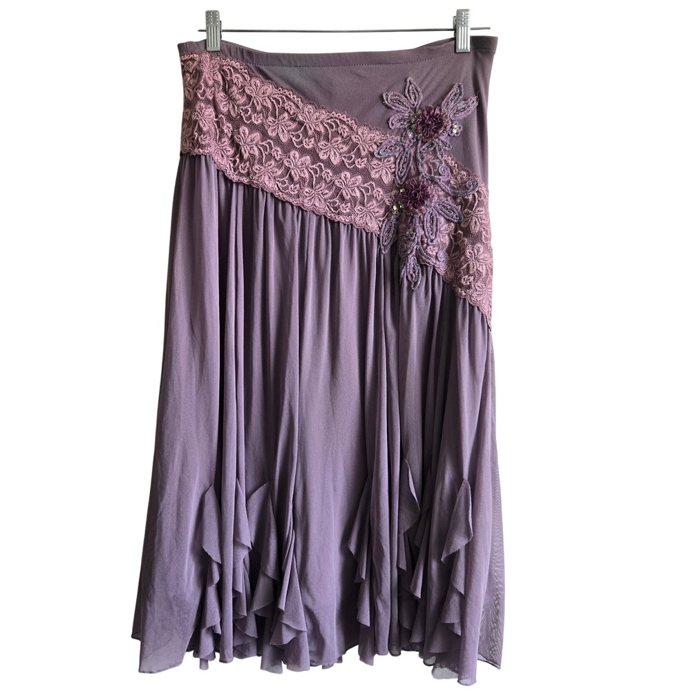 Vtg y2k Rampage S Midi Whimsigoth Skirt Womens Purple Lace Floral Mesh Ruffle